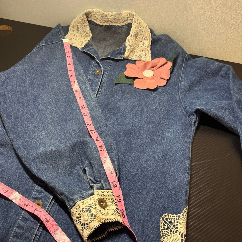 🌸 Grandma Core Reworked Denim Midi Dress Lace Butterfly Cottagecore 🦋 - Picture 12 of 15